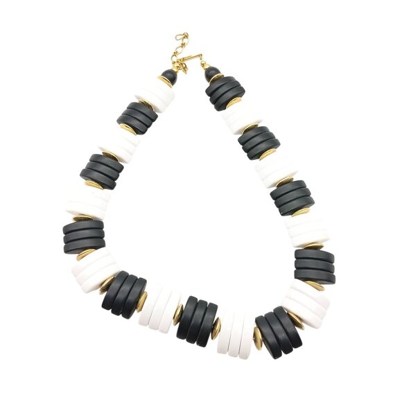 Vintage Black & White Beaded Necklace with Gold Accents and Mod Flair - Picture 2 of 3